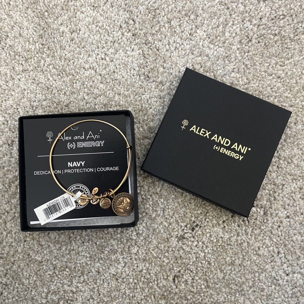 Alex and Ani (+) Energy Navy Expandable Wire Bangle Bracelet Copper Tone 5 Charm